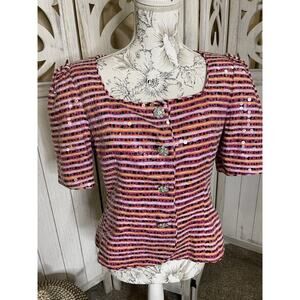 Rickie Freeman Teri Jon Blazer Jacket Sequin Pink Striped Rhinestone Sz 10